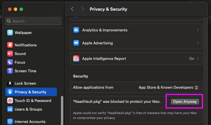 macOS Privacy & Security settings screenshot
